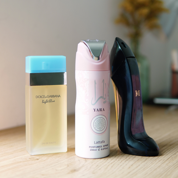 Combo Light Blue 100ml + Good Girl 100ml + Body spray Yara rosado 200ml Gratis