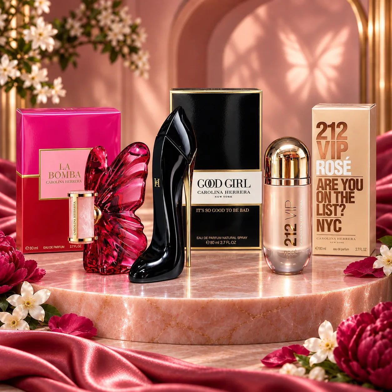 Diva Bloom: La Bomba, Good Girl, 212 VIP Rosé, cada producto con su caja