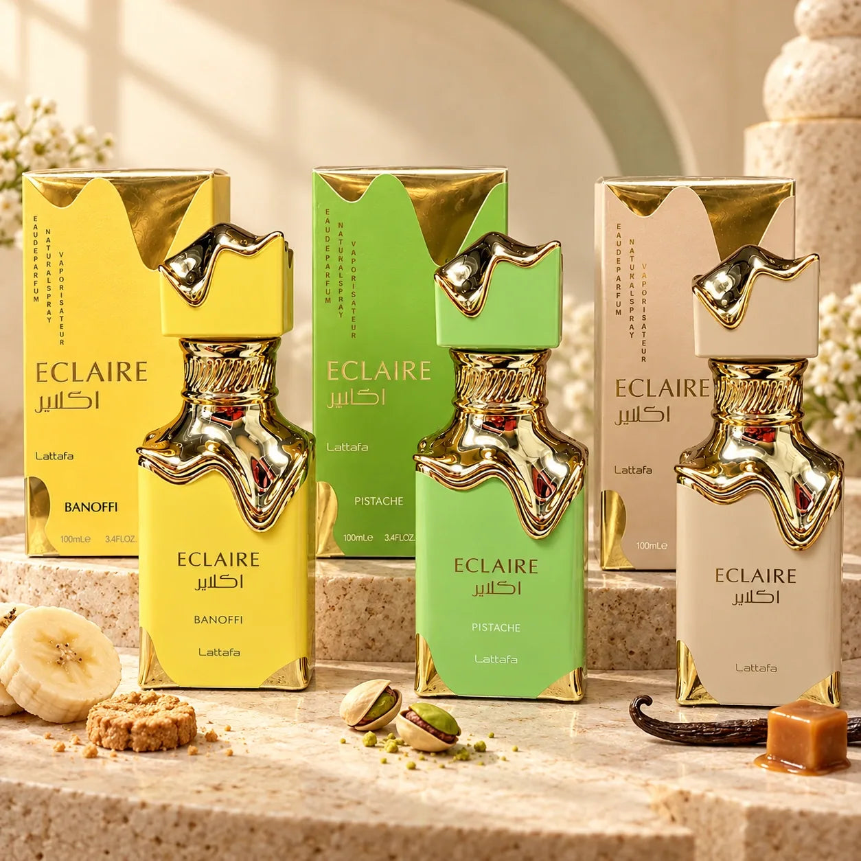 Eclaire Gourmand: Eclaire Banoffi, Eclaire Pistache, Eclaire Clásica, cada producto con su caja