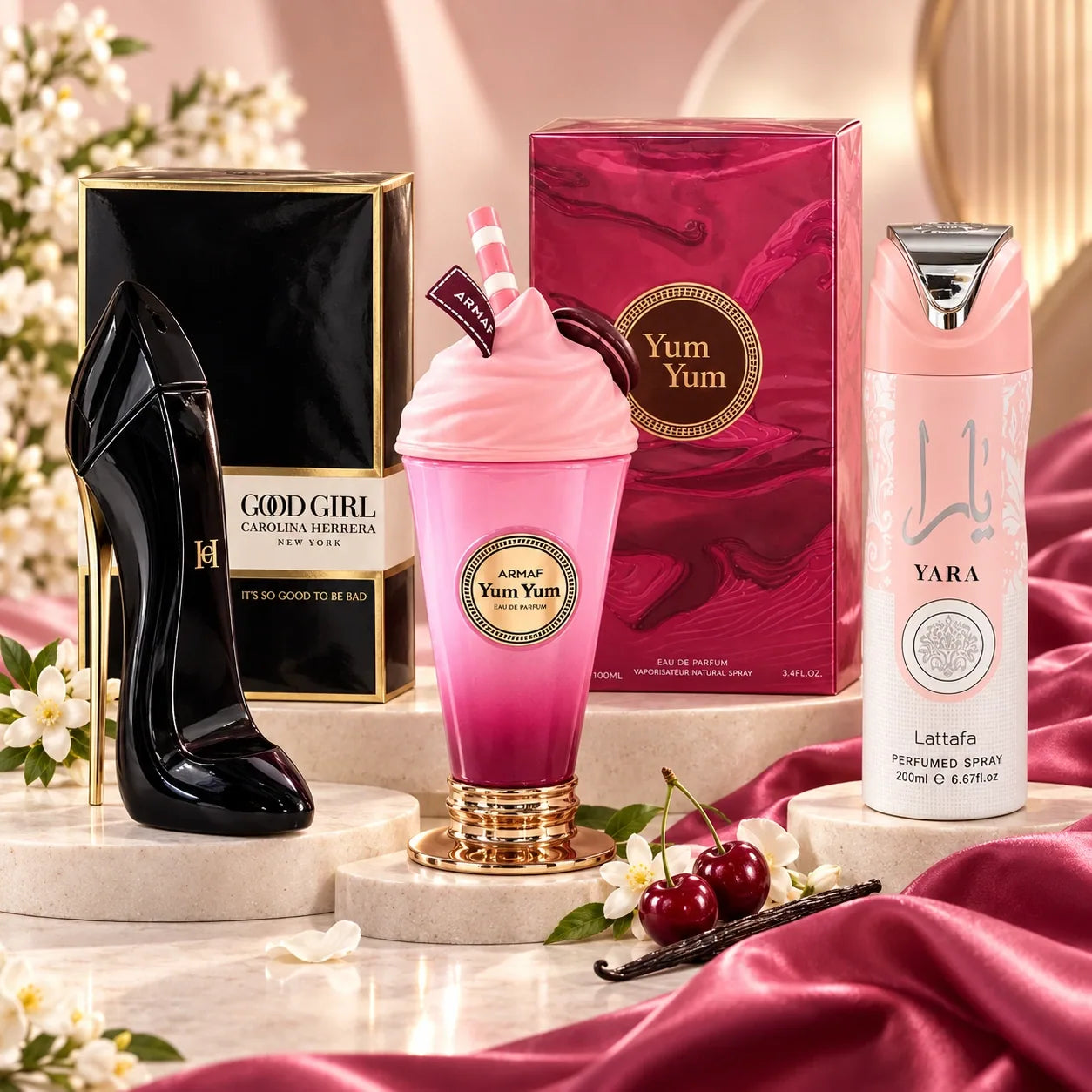 Encanto Femenino: Good Girl clásica con su caja, Yum Yum con su caja, Yara rosado Body Spray en aerosol
